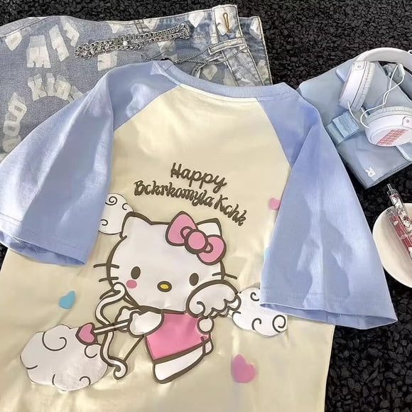 Sanrio Hello Kitty Cute Cotton Summer T-shirt Y 2k Youthful Woman Popular Clothes Girls Oversize Japanese Vintage Fashion Tees