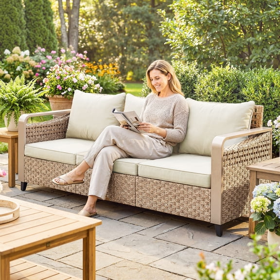 Outsunny Rattan Wicker Sofa 3-Seater Outdoor Patio Sofa with Cushions for Garden Backyard Porch Beige