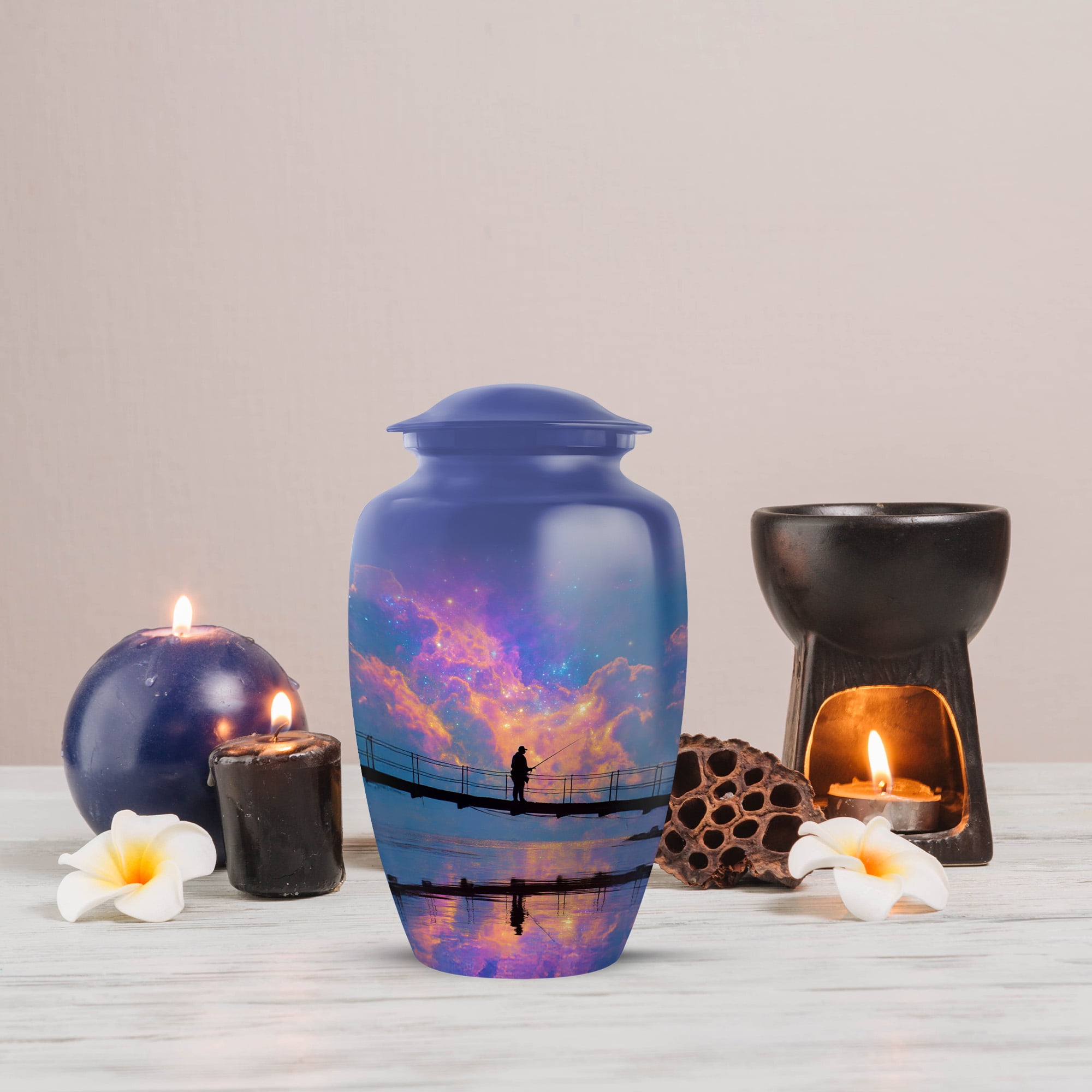 MUKTIVE Fishing Urn Human Ash, Adult Female 10 Inch Large Ash Holder, River Keepsake 3 Inch Cremation Urns for Human Ashes, Purple Funeral Urns for Ashes Adult Male (1 Large, 4 Keepsake)