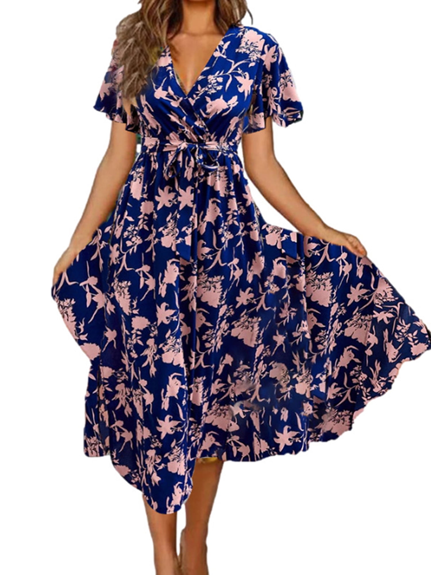 Zdcdcd Women's Fashion AType V Neck Short Sleeve Floral Flower Print