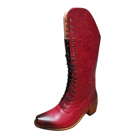 JDEFEG Womens Rubber Rain Boots Fashion Women Artificial Leather Solid Color Autumn Thick Sole Square Heels Lace Up Mid Booties Round Toe Shoes Riding Pants Red 40