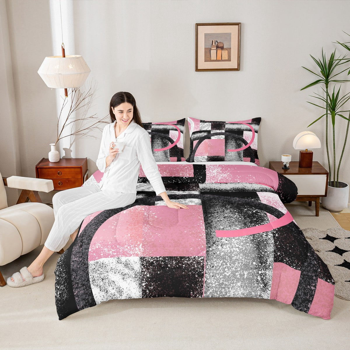 Manfei Circle Geometric Bedding Sets Full with Comforter, Grey Pink Comforter Sets Full Size, Abstract Stripes Reversible Down Comforter, Ultra Soft Bedroom Decorative, 3pcs