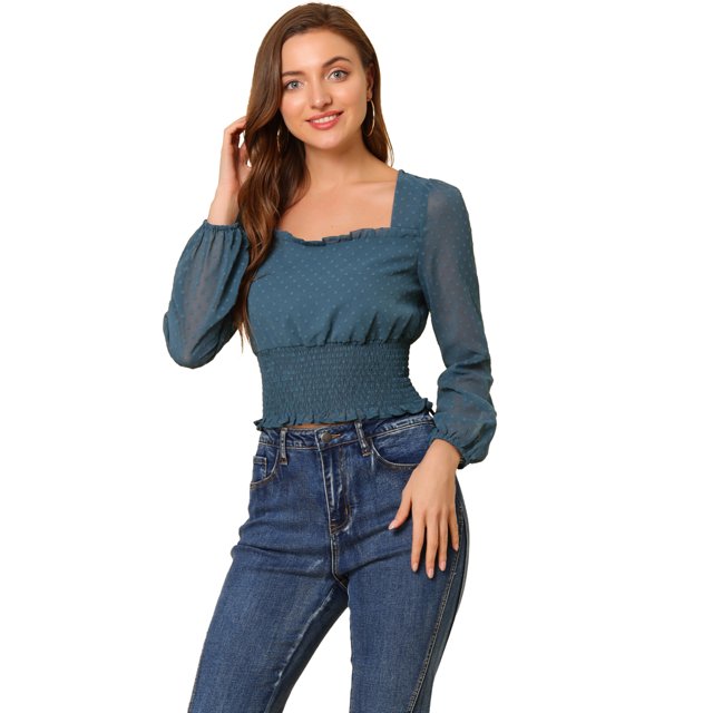 INSPIRE CHIC Women's Casual Ruffle Neck Swiss Dots Semi-sheer