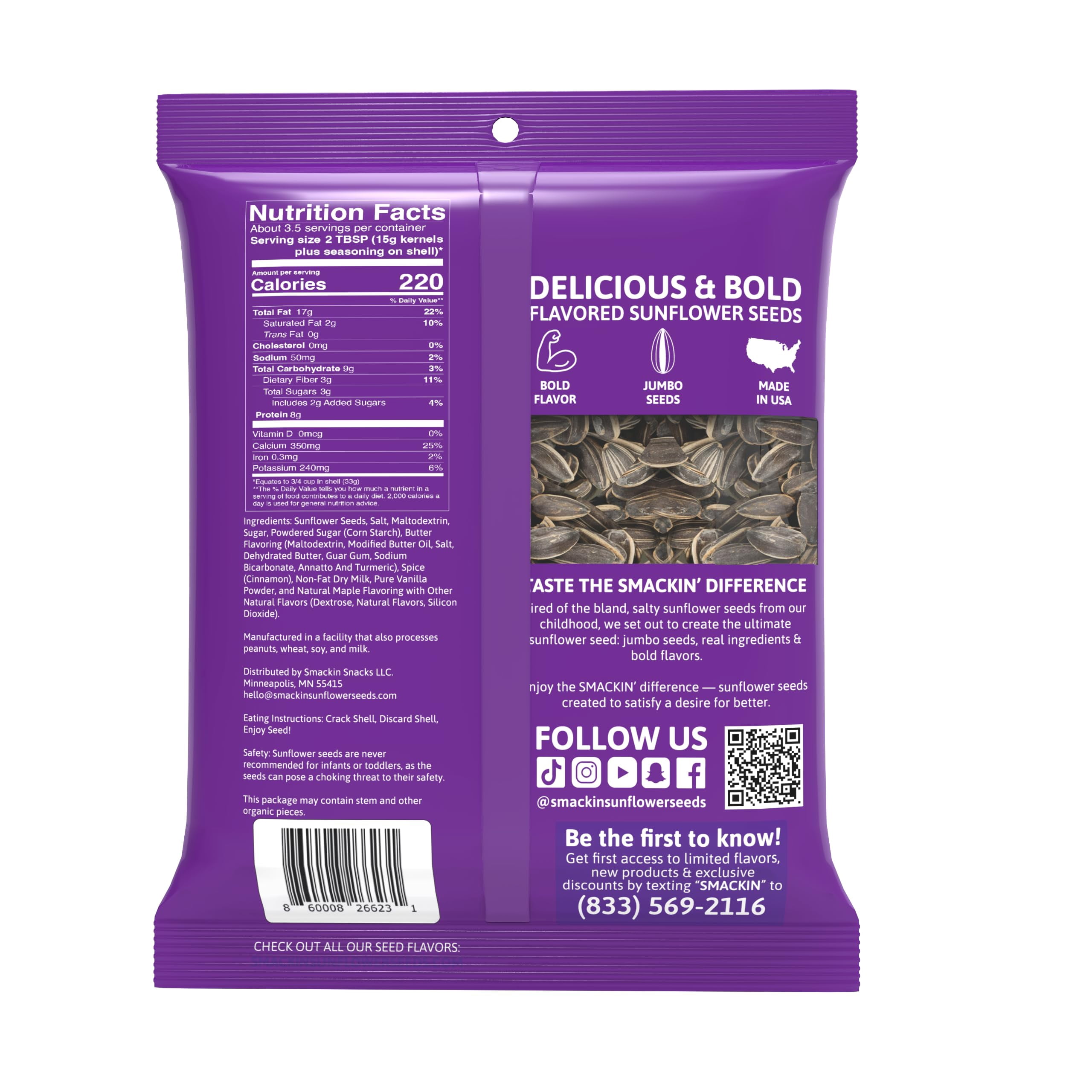 SMACKIN' - Jumbo Roasted Sunflower Seeds, No Salty Burn, American Made, Easy Pour & Seal - Cinnamon Churro, 4oz bag (12 Bags)