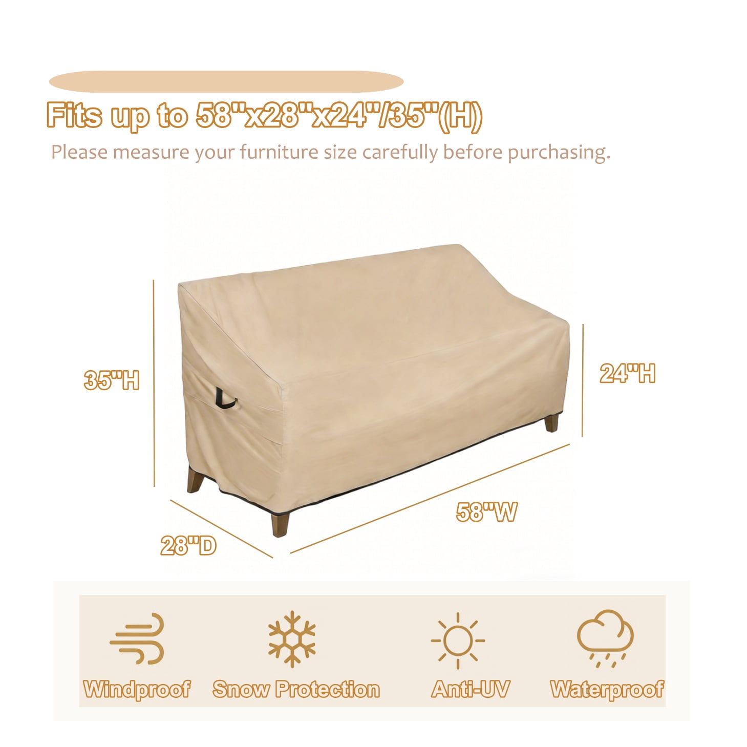 Waterproof Heavy Duty Outdoor Sofa Cover, Windproof UV-Resistant Patio Furniture Protector