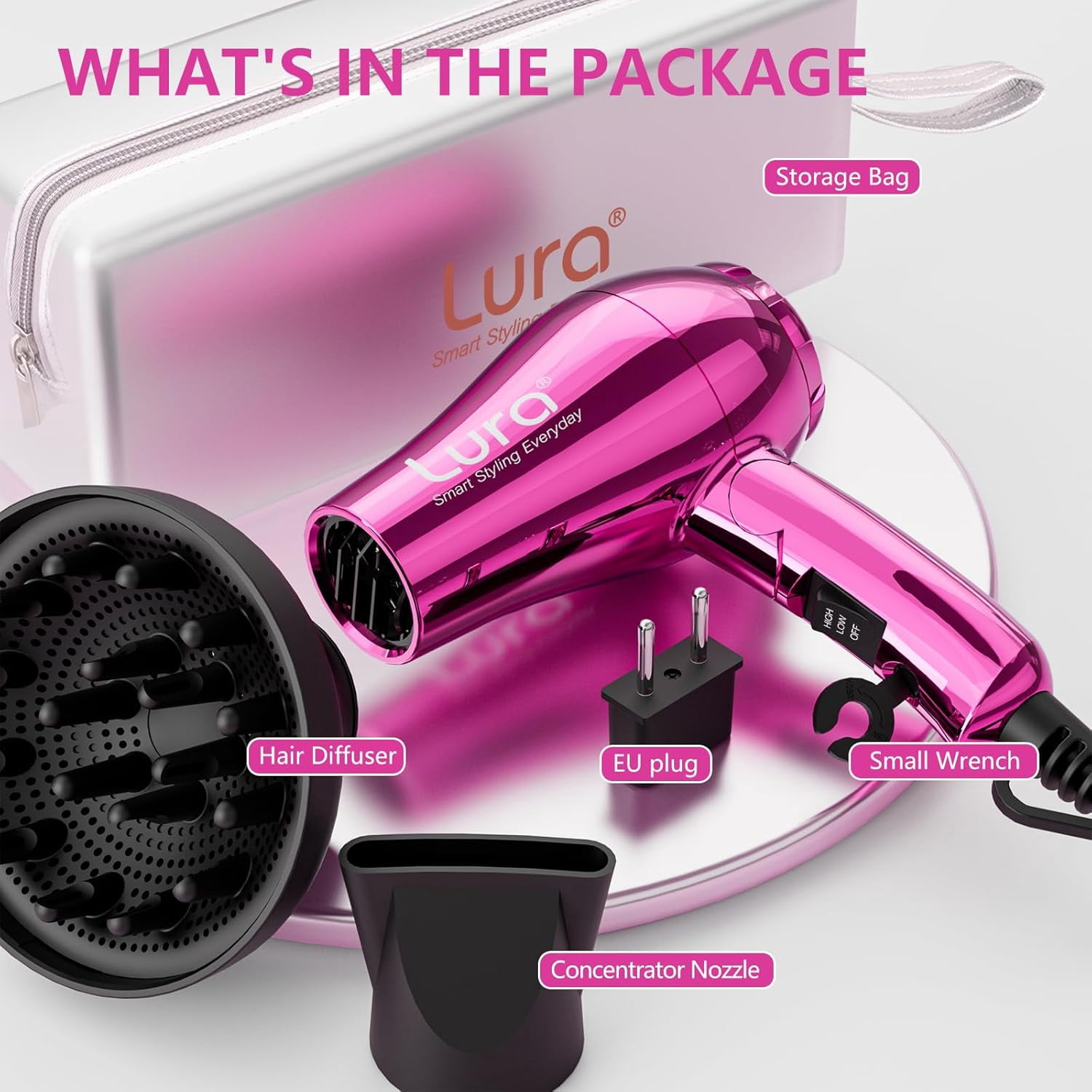 LURA Portable Travel Hair Dryer Dual Voltage Small Lightweight Foldable Blow Dryer with EU Plug,1200W Compact Hairdryer with Concentrator&Diffuser