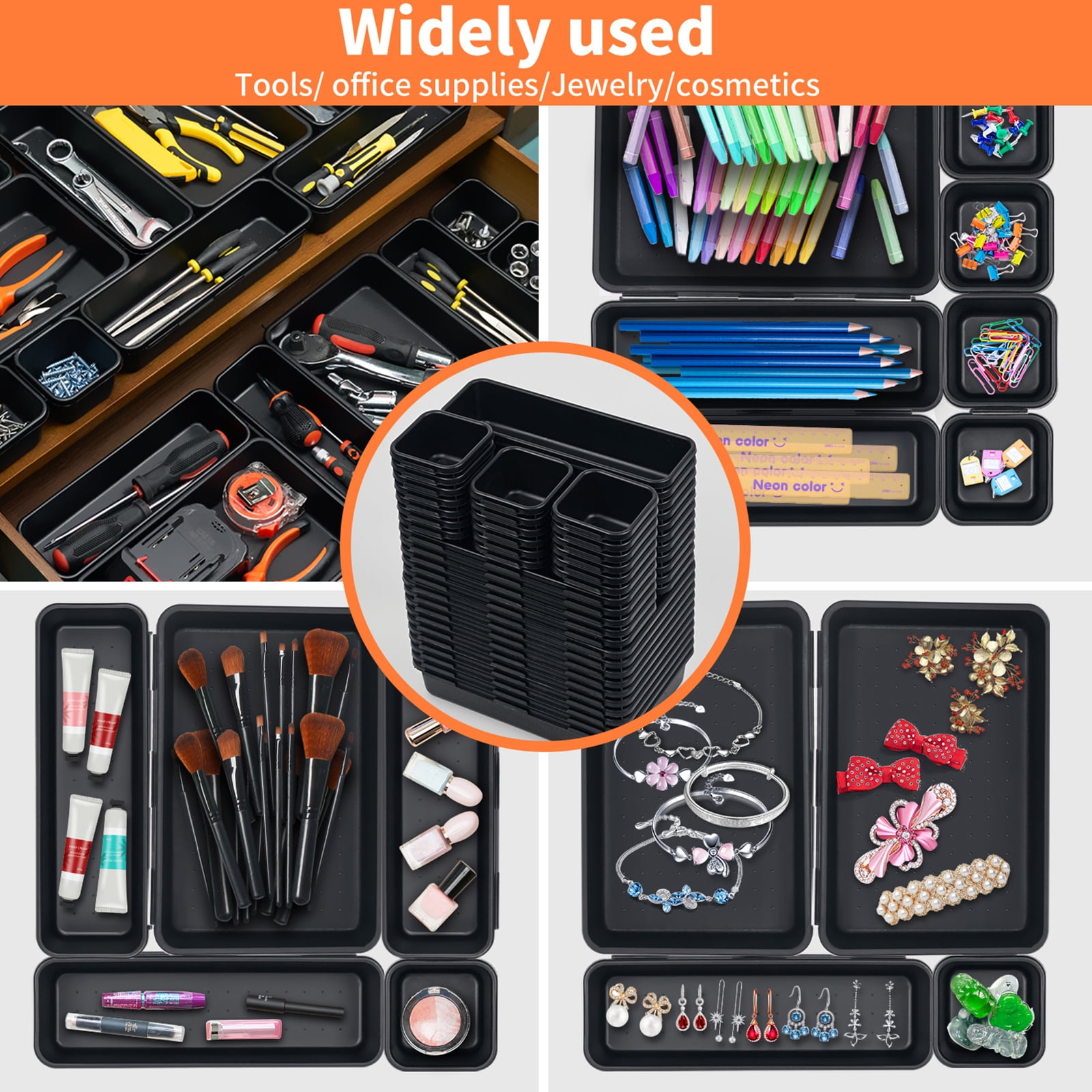 HAIDAIYA 45 Pack Drawer Organizer Trays Set, 3 Sizes Plastic Divider Storage Bins for Desk, Makeup, Tool Box, Jewelry (Black)