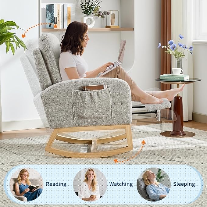 thumbnail image 4 of Rocking Chair Nursery, Nursing Rocking Chairs with Foot Rest for Mom Nursery, Rocker Glider Chair with High Backrest for Living Room,Bedroom, Upholstered Lounge Chair with Solid Wood Base for Relaxin, 4 of 7