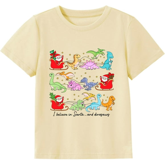 Toddler Christmas Shirt Kids Xmas Santa Dinosaur Graphic Shirt Boys Girls Funny Holiday Tee Tops Outfits 2-7T