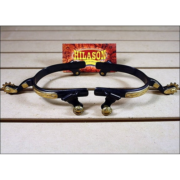Hilason Black Steel Men Roping Spurs Solid Brass Engraved Trim And Rowel