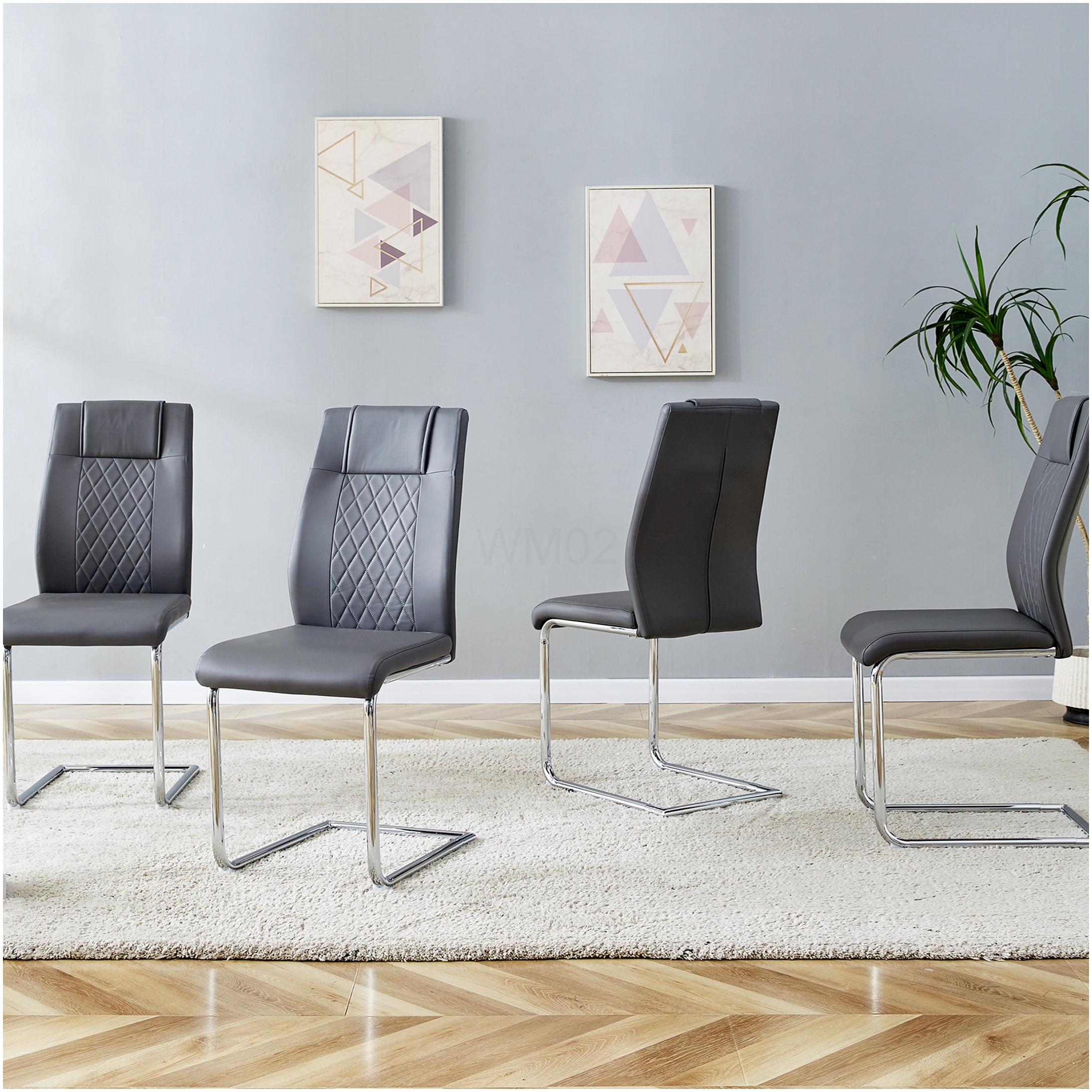 Modern PU Leather Dining Chairs Set of 8, Grey Upholstered Side Chairs with Padded Seat and Sturdy Metal Legs for Kitchen Dining Room