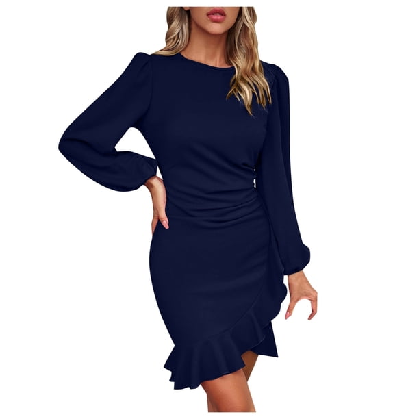 Vestido ajustado de manga larga con mangas abullonadas para mujer: elegante vestido midi de fiesta con mangas abullonadas