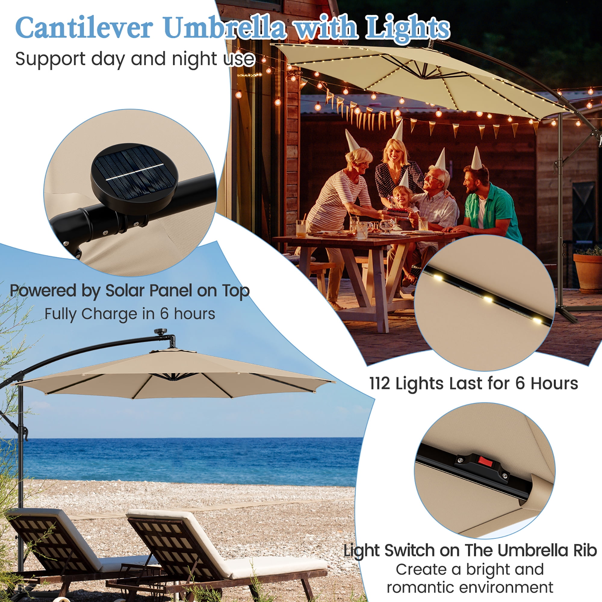 Gymax 10 FT Offset Patio Umbrella Solar Powered Cantilever Umbrella w/ 112 LED Lights Beige