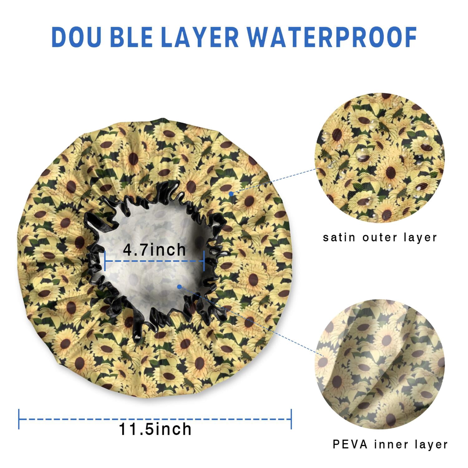 Shower Caps,Yellow Sunflower Pattern Waterproof Shower Cap for Women 4 Pieces,Double Reusable Hair Cover for Shower PEVA Elastic Stretch Hem