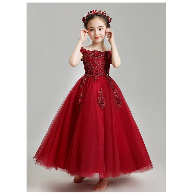 Off Shoulder Embroidery Flower Wedding Girl Dress Princess Party Events Ball Gowns Kids Girl Dress First Communion Clothes