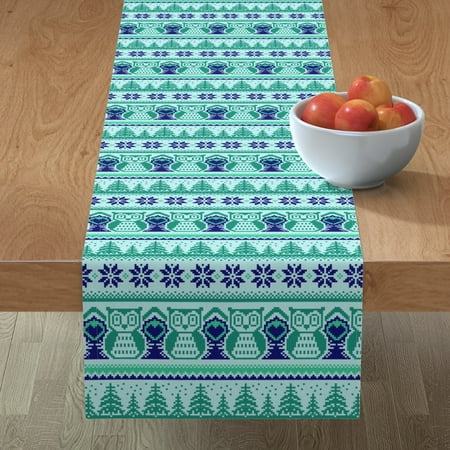 

Cotton Sateen Table Runner 90 - Woods Blue Green Winter Snow Forest Wood Owl Woodland Look Aqua Mint Blues Owls Print Custom Table Linens by Spoonflower
