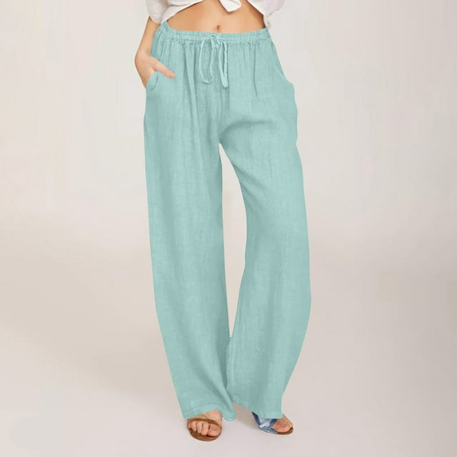 Meichang Womens Linen Pants Summer Wide Leg Pants with Pockets Elastic Waisted Drawstring Long Trousers Solid Color Cotton Linen Pants with Pockets