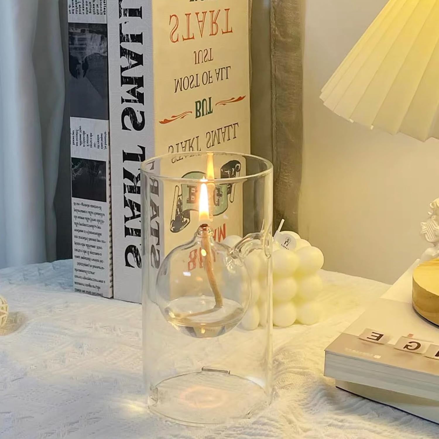 Refillable Liquid Petite Oil Lamp: Glass Oil Light Borosilicate Includes Bliss Suspended Hurricane Candle Holder Sleeve Lamp, Oil Candle Vessels for Table Centerpieces Decor (Clear)