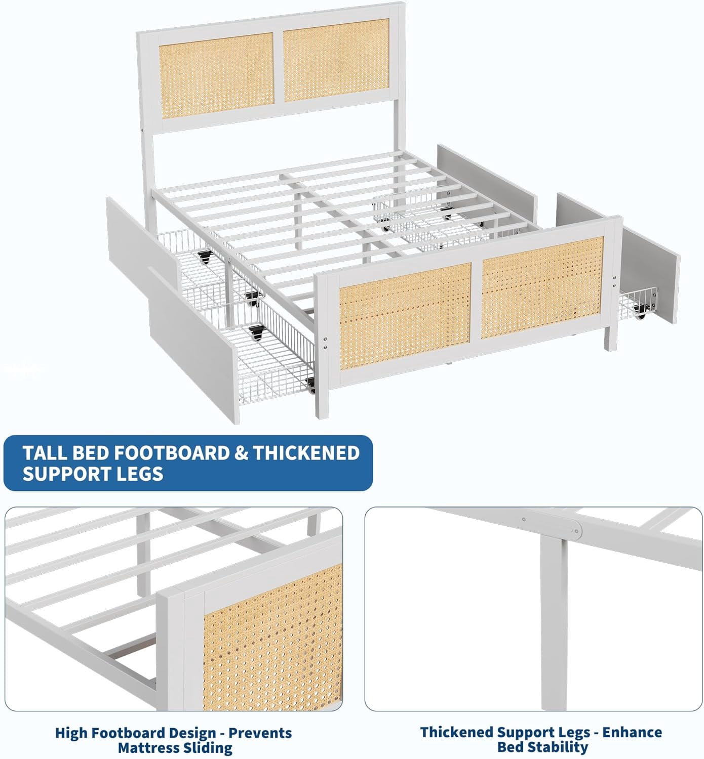 White Rattan Bed Frame with Headboard, Boho Cane Platform King Size Bed Frame with 4 Drawers, Strong Metal Slats Support, Noise Free, No Box Spring Needed