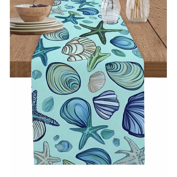 Teal Starfish Coastal Table Runner 70 Inches, Summer Beach Conch Shell Ocean Bed Runner Dresser Scarves Tabletop for Indoor Outdoor Parties/Ceremony/Banquet, 13" x 70"