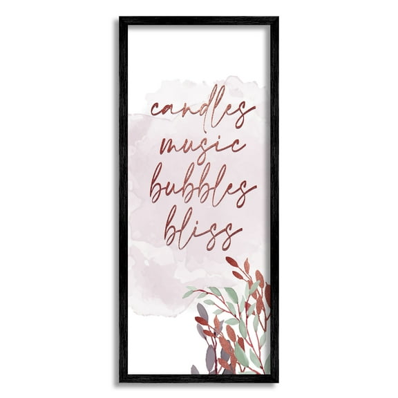 Stupell Industries Pink Bathroom Words Botanical & Floral Painting Black Framed Art Print Wall Art, 10 x 24