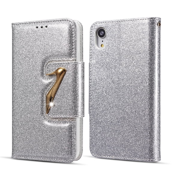 iPhone XR Case Wallet, iPhone XR 2018 Case, Allytech Glitter Bling Leather Cover Folio Credit Card Holder Wristlet Shockproof Protective Phone Case for Apple iPhone XR (6.1") (silver)