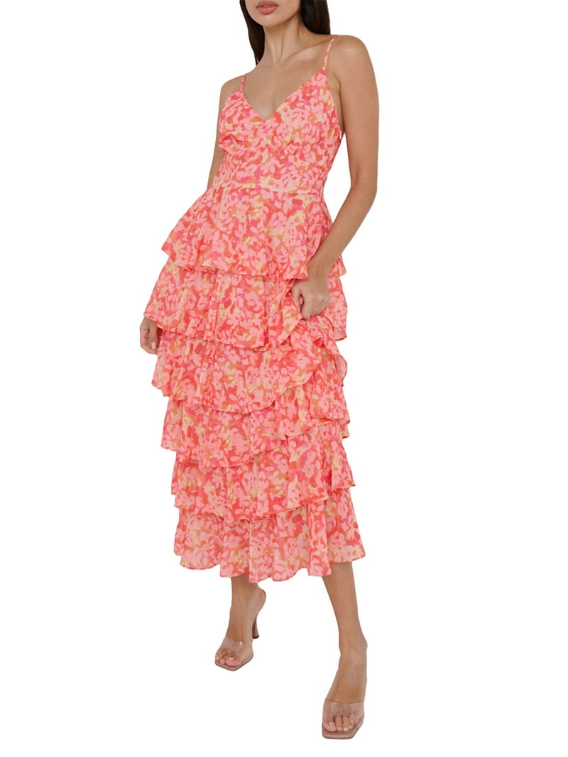 Women Spaghetti Straps Layered Ruffle Maxi Sundress Floral
