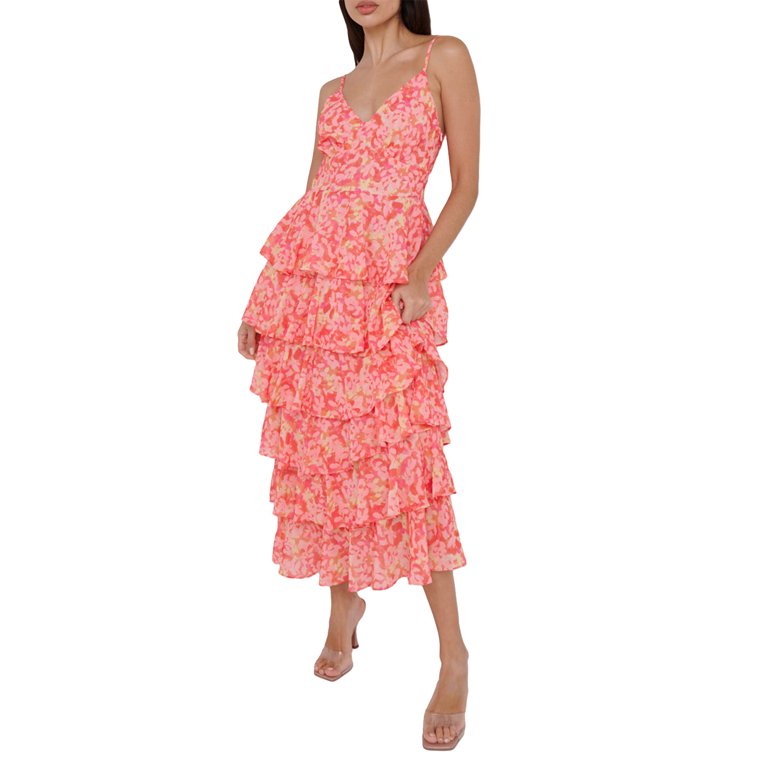 Women Floral Print Long Dress Spaghetti Strap V Neck Sexy Backless Tiered  Ruffles Casual Beach Party Maxi Dresses - Walmart.com