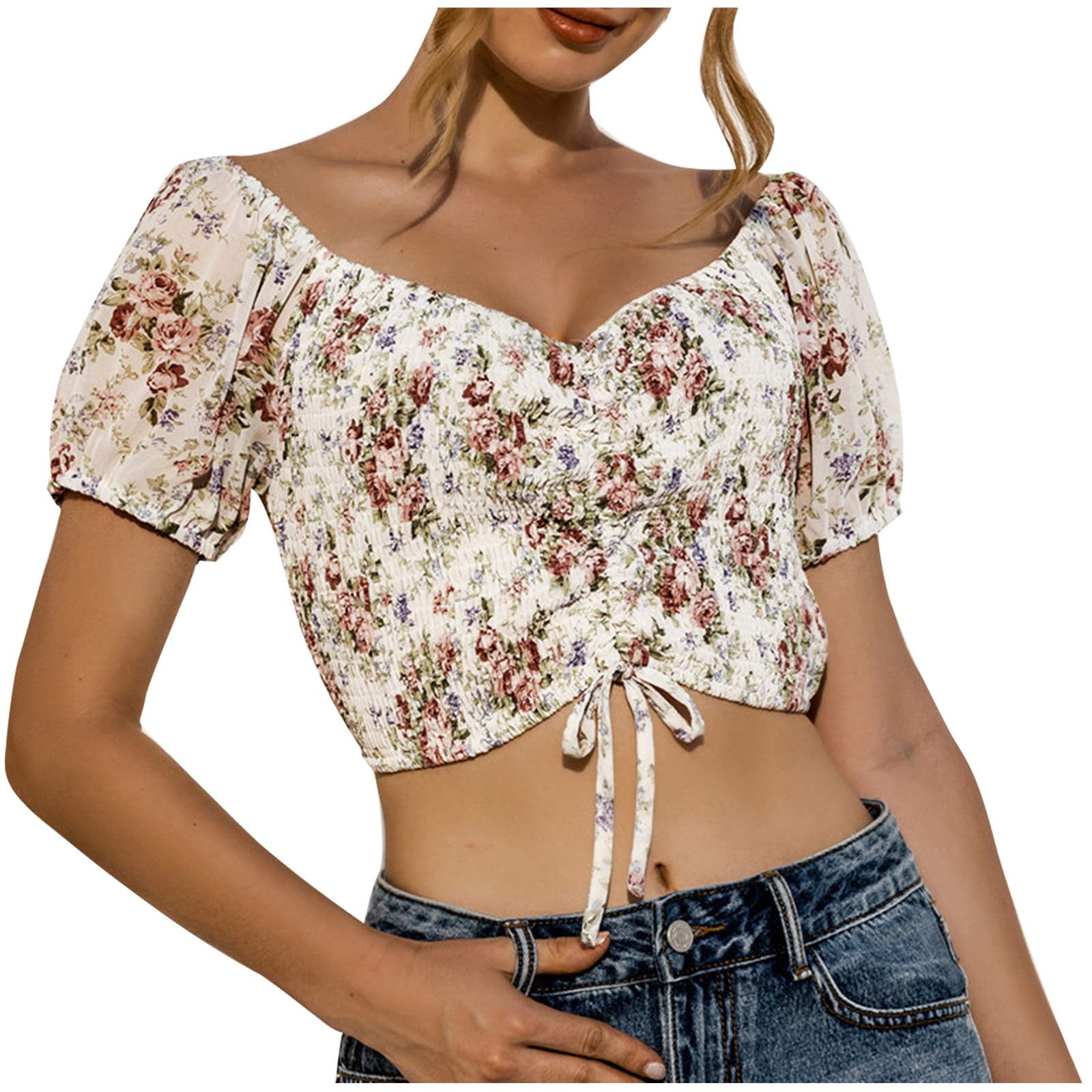 RQYYD Off The Shoulder Shirred Crop Top for Women Boho Floral Print Short  Sleeve Chiffon Tube Top Blouse Slim Fit Drawstring Cropped Tshirts(White,L)