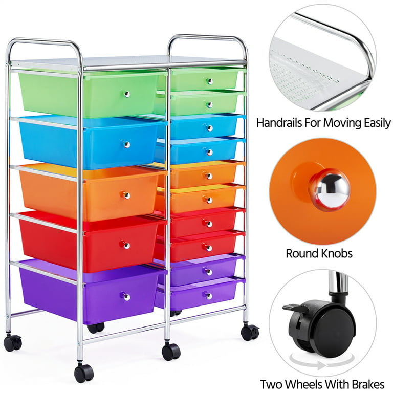 Smilemart 15 Drawers Metal Frame Storage Cart Rolling Bin Organizer Trolley with Lockable Wheels, Multicolor