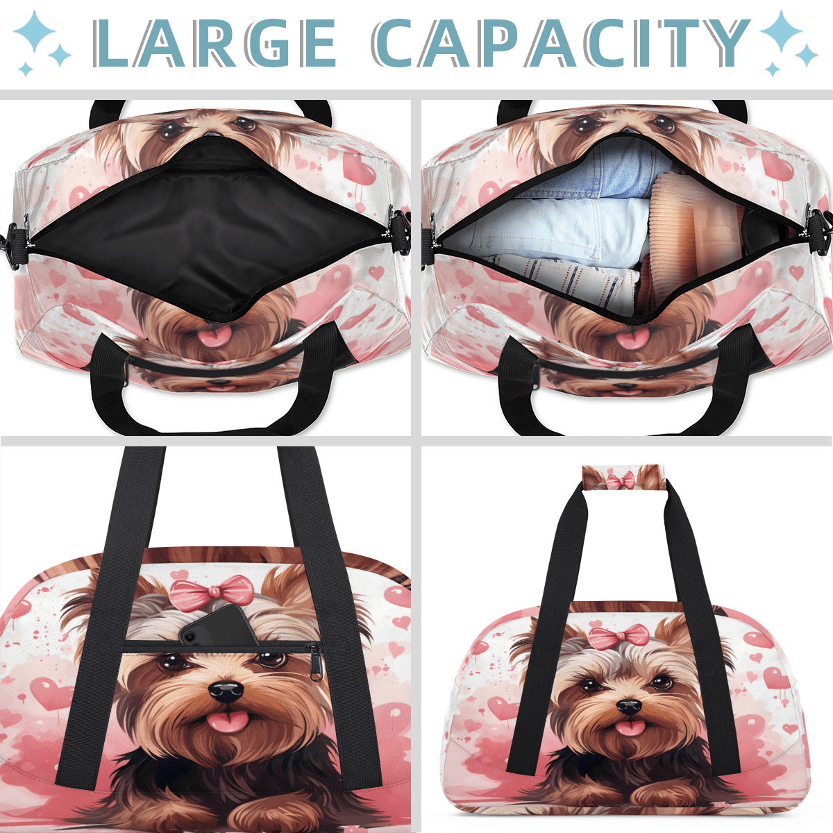 Herdesigns Pink Sports Duffle Bag for Women & Men, Cute Dogs Gym Bag Dance Bag Overnight Bag Carry On Weekender Travel Bag