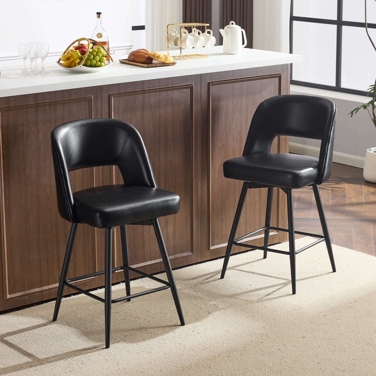 Ktaxon Swivel Barstools 2 Set, Counter Height Chairs 26in Padded Bar Height Upholstered Stools, Black
