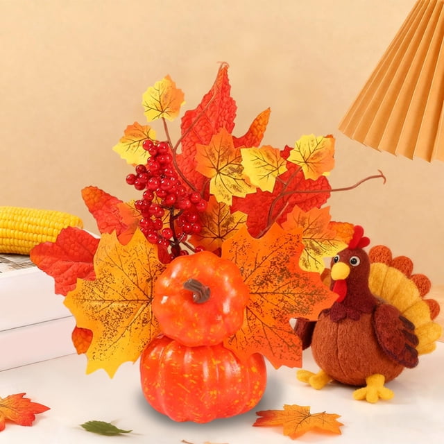 Corona Decorativa de Calabaza para Halloween | Hojas de Arce de Plástico Multicolor y Bayas Rojas | Centro de Mesa Festivo de 7.9 Pulgadas para La Decoración Del Hogar En Acción de Gracias