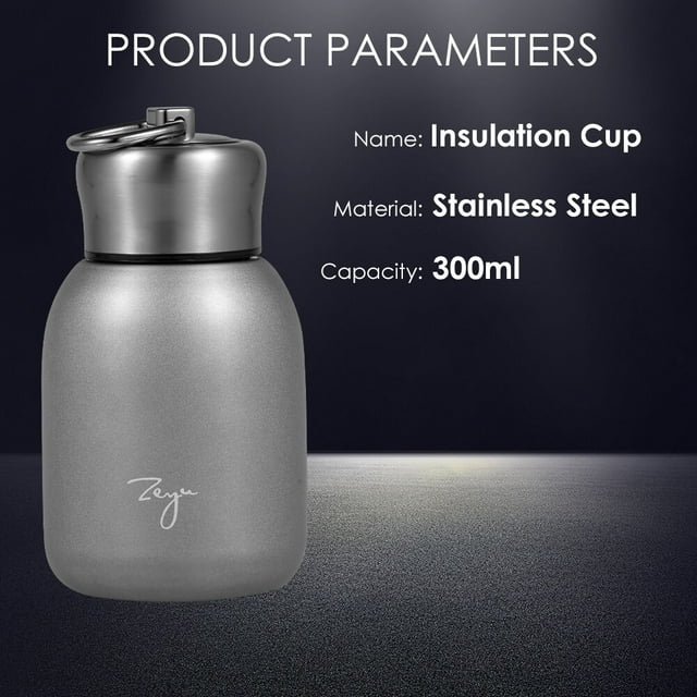 Water Bottle Stainless Steel Matte 300ml Vacuum Insulated Small Water Bottle for Kid Lid with. A compact, silver-colored water bottle made of 304 stainless steel with a matte finish. Features a round cup mouth, food-grade leakproof seal ring, and a hook on the lid for easy carrying. Designed for durability and corrosion resistance, it maintains the temperature of hot or cold beverages. Dimensions are 14cm by 7.5cm, with a capacity of 300ml. Suitable for office, travel, or outdoor use.