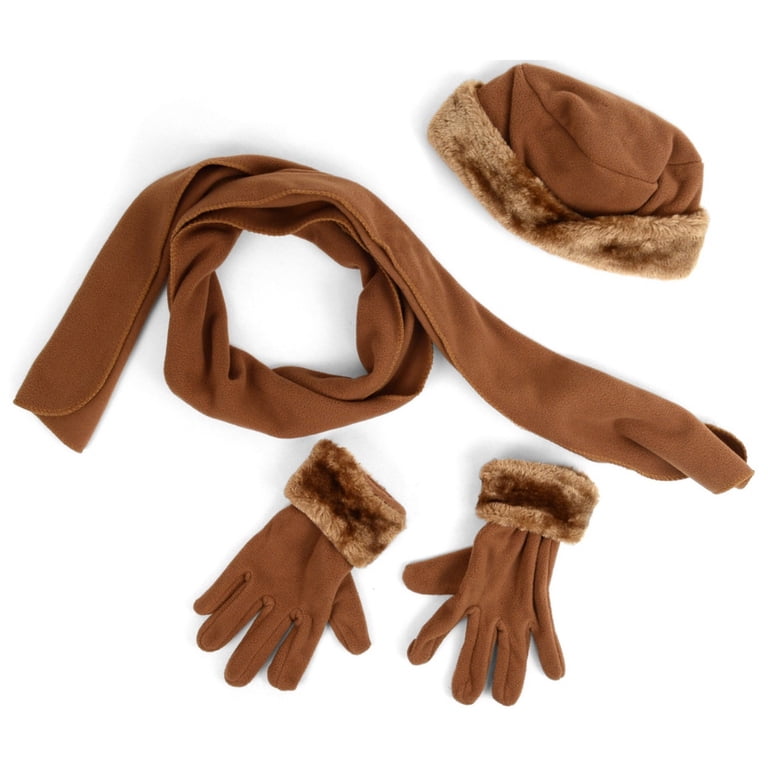 Luxurious Faux Fur Hat, gloves and Scarf Set - Tan Brown Faux Fur Trim Fleece 3 Piece Hat Scarf & Glove Set at  main image 2