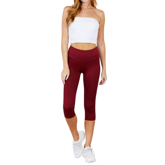 Juniors Active Stretch Capri Length Yoga Workout Leggings with Wide Wastband (Burgundy, L)