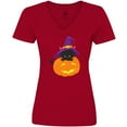 thumbnail image 3 of Inktastic Black Cat, Pumpkin, Cat With Witch Hat, Halloween Women's V-Neck T-Shirt, 3 of 5