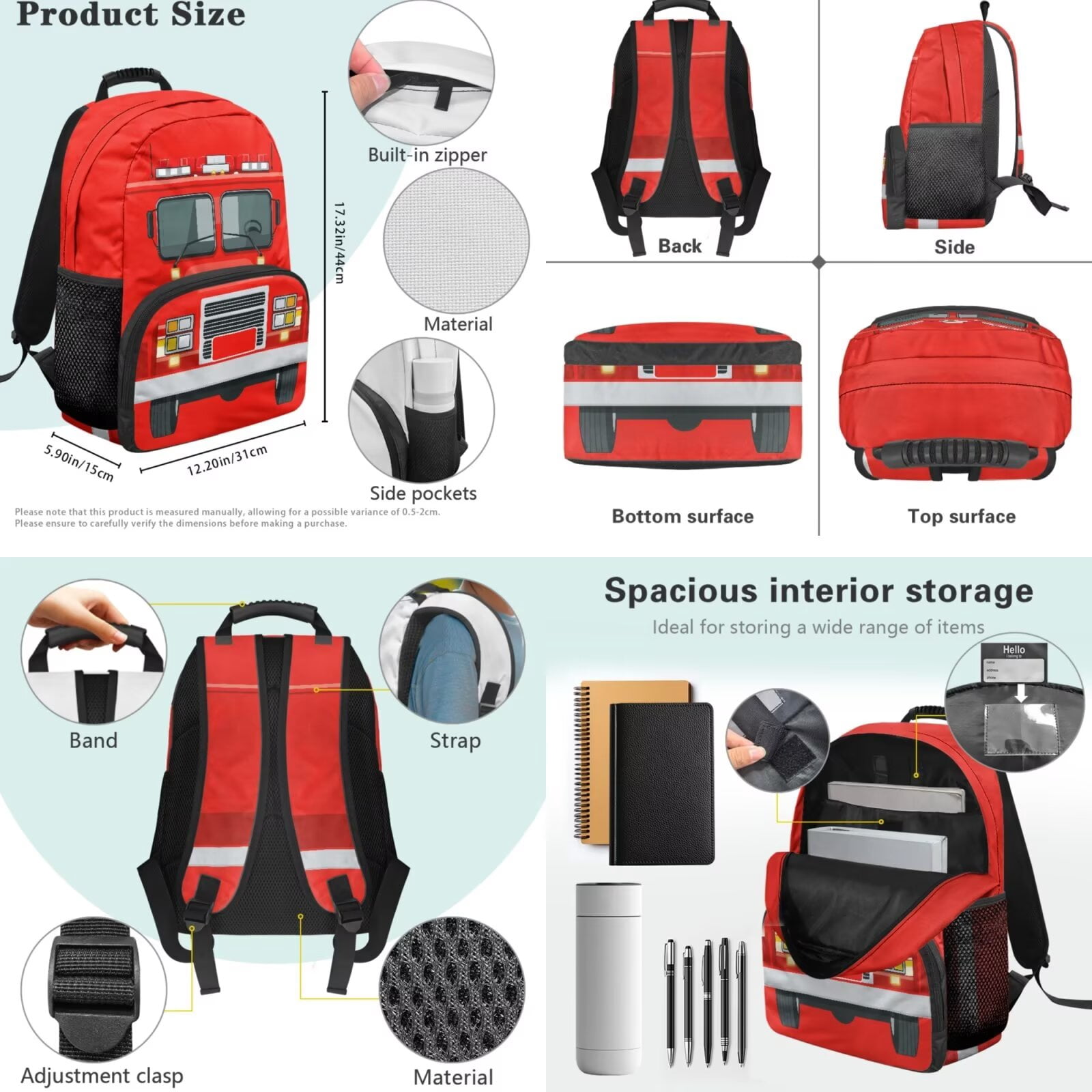 Pzuqiu Red Fire Truck Kids Backpack for School 4pcs 17 Inch Boys Backpack with Lunch Box Pencil Case Water Bottle Holder Kids Backpacks Lightweight Casual Daypack for Boys