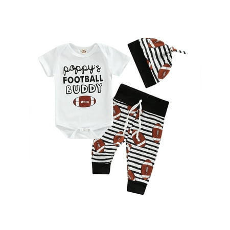 

jaweiw Newborn Baby Long Pants Outfits Set Short Sleeve Letter Printed Romper + Elastic Rugby Pattern Pants + Cute Hat Size 0 6 9 12 18 M