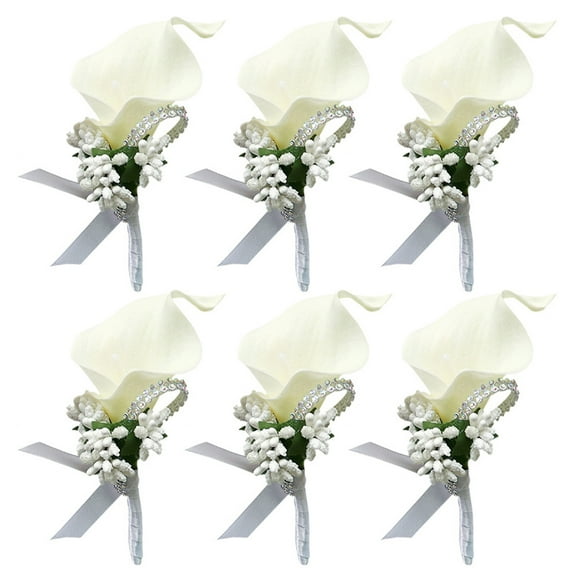 6-Pack Elegant PU Calla Lily Corsage Brooch Set with Rhinestones for Wedding, Bridesmaids, Bride & Groomsmen (10 Color Options - White)