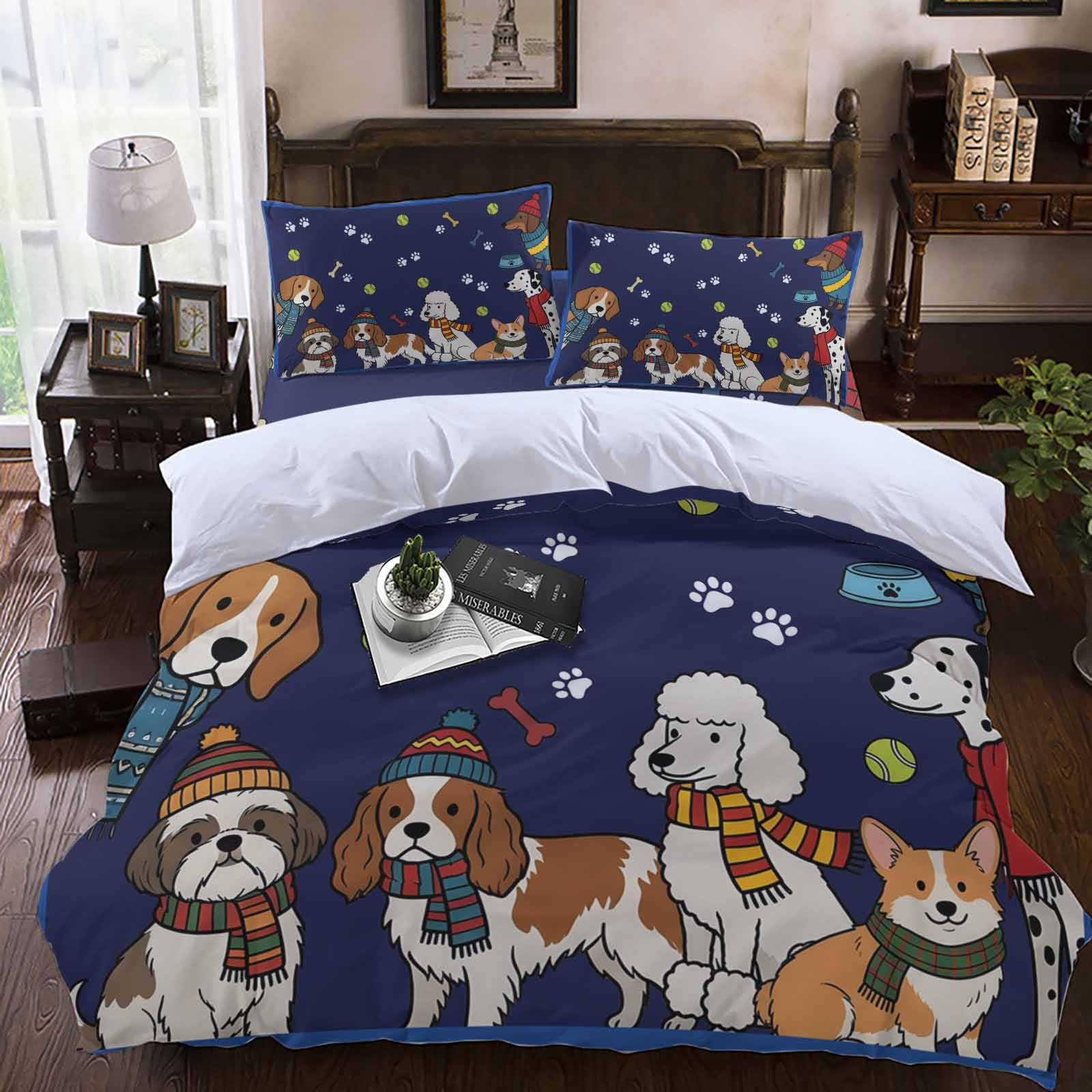 Cartoon Puppy Duvet Cover Set Queen Size, Dag Paw Print Bone Balls Navy Background 4 Piece Bedding Set with Zipper Closure & Corner Ties Soft Breathable Comforter Cover for Bedroom