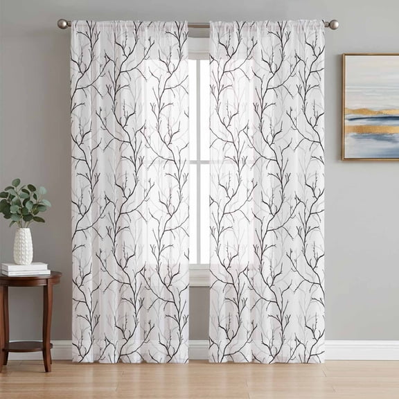 Black White Branches Sheer Curtains 96 Inch Length 2 Panels Set Window Treatments, Vintage Art Farmhouse Rod Pocket Semi Curtains for Living Room/Bedroom/Kitchen Décor, 104"W x 96"L