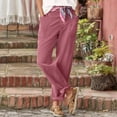 thumbnail image 5 of WTXUE Linen Pants Women Summer, Pantalones De Mujer Women's Stretch High Waisted Straight Wide Leg Pants with Breasted Cotton Loose Casual Pants with Pockets, Full-Length, Pink, 5 of 7