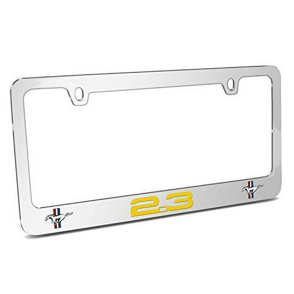 Ford Mustang 2.3L Yellow Dual Logo in 3D American-Made Mirror Chrome Metal License Plate Frame
