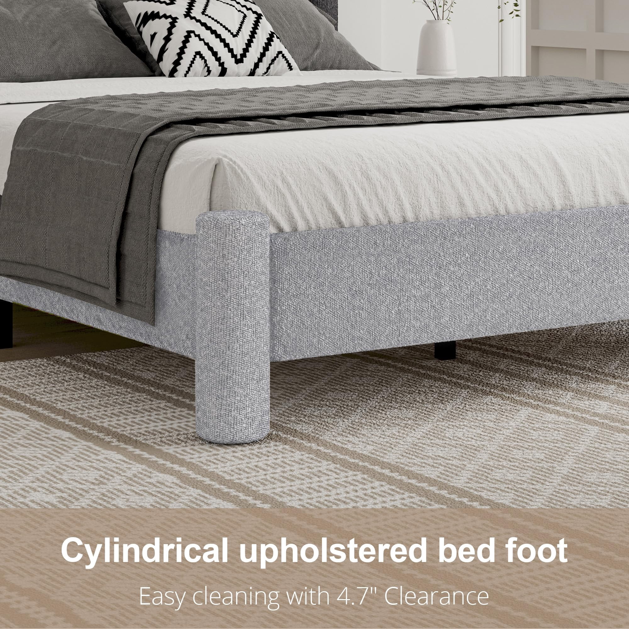 4 EVER WINNER Full Bed Frame, Full Size Bed Frame, Upholstered Full Bed with Rounded Legs, Boucle Bed Frame with Headborad, Grey