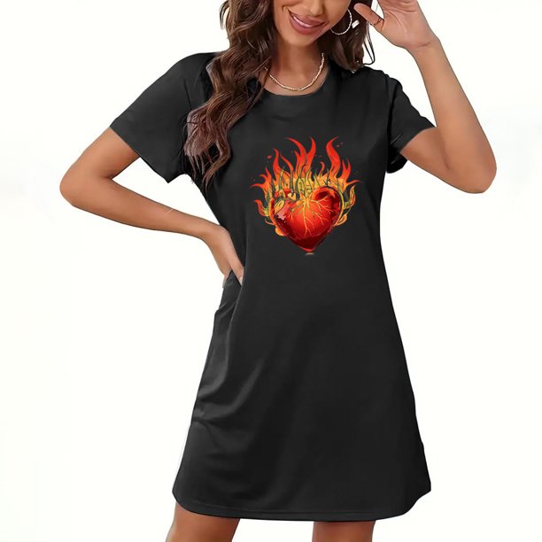 Camisón corto de San Valentín para mujer, talla grande, estampado en el pecho, cuello redondo, manga corta