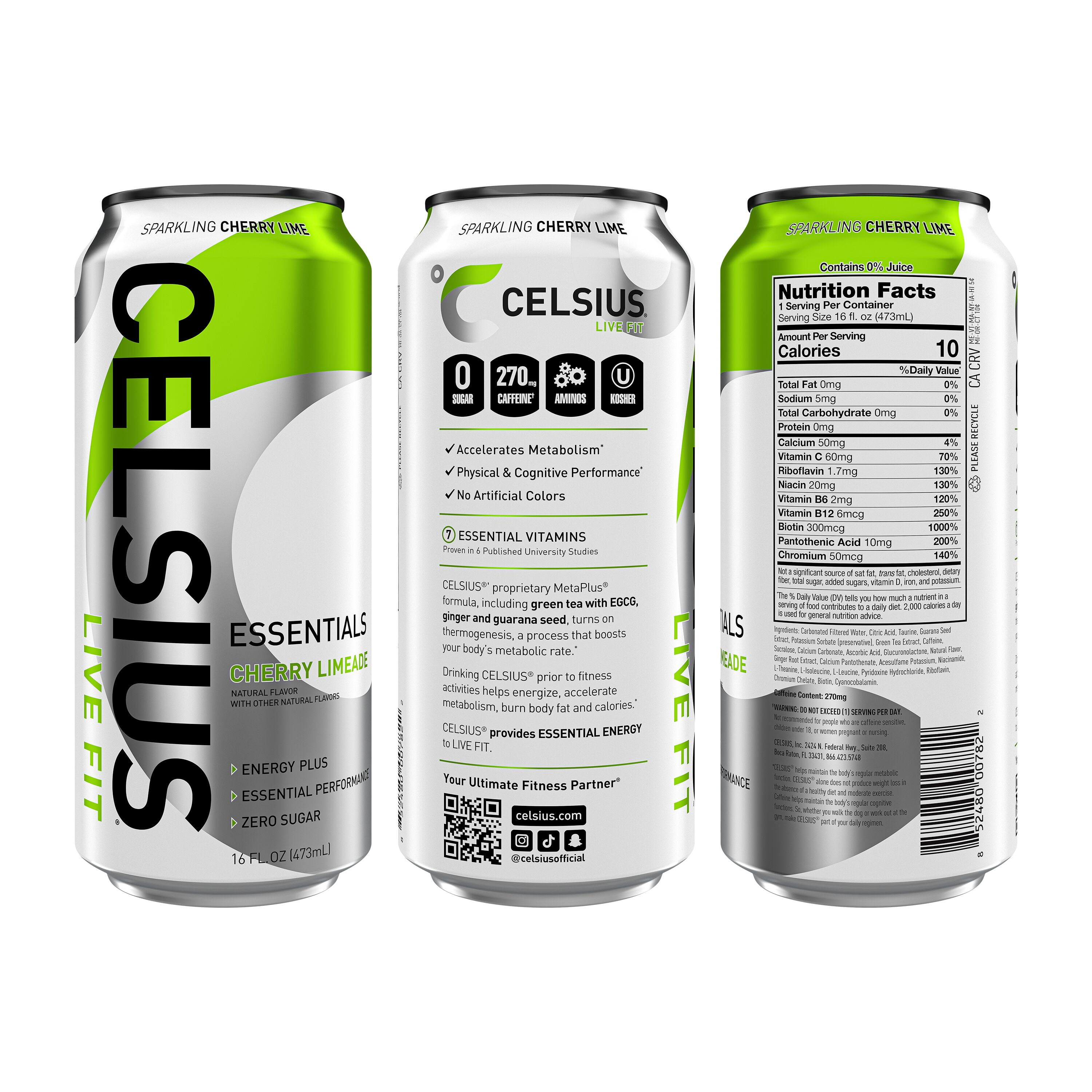 CELSIUS ESSENTIALS, Sparkling Cherry Limeade, Performance Energy Drink 16 fl oz (Pack of 12)