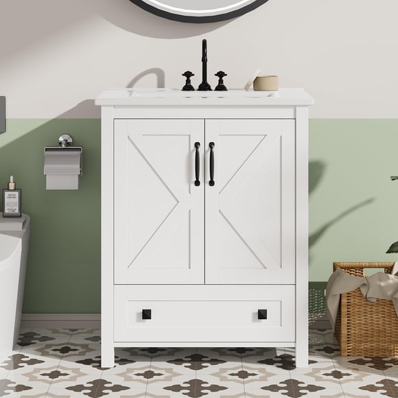 EDTara Modern 24 Inch Bathroom Vanity, Freestanding Wood Storage Cabinet With Ceramic Vessel Sink and Soft-Close Door & Drawer