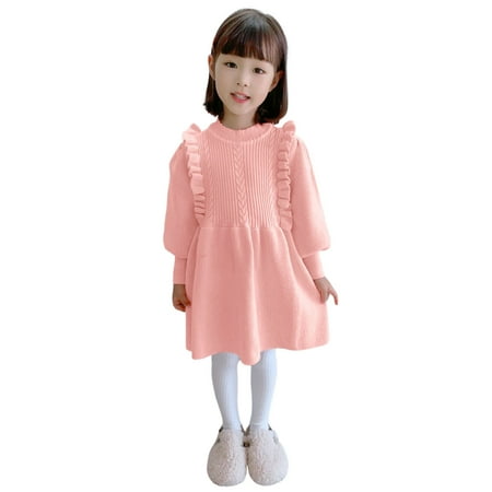 

Dresses for Kids Toddler Girls Long Sleeve Knit Solid Color Ruffled Flying Sleeve Knit Sweater Dresses Pink 2-3 Years