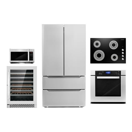 Cosmo 5 Piece Kitchen Appliance Package With 36  Electric Cooktop 36  Wall Mount Range Hood 30  Single Electric Wall Oven 30  Over-the-range Microwave &amp; French Door Refrigerator